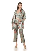 Eleganter dreiteiliger Damenpyjama, Oberteil, Hose, Bademantel, Oliv PIZ334 - Online-Shop - Boutique